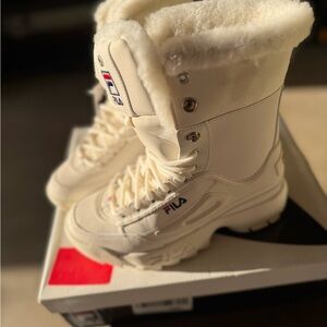FILA Cream Faux-Shearling Platform Lace-Up Boots